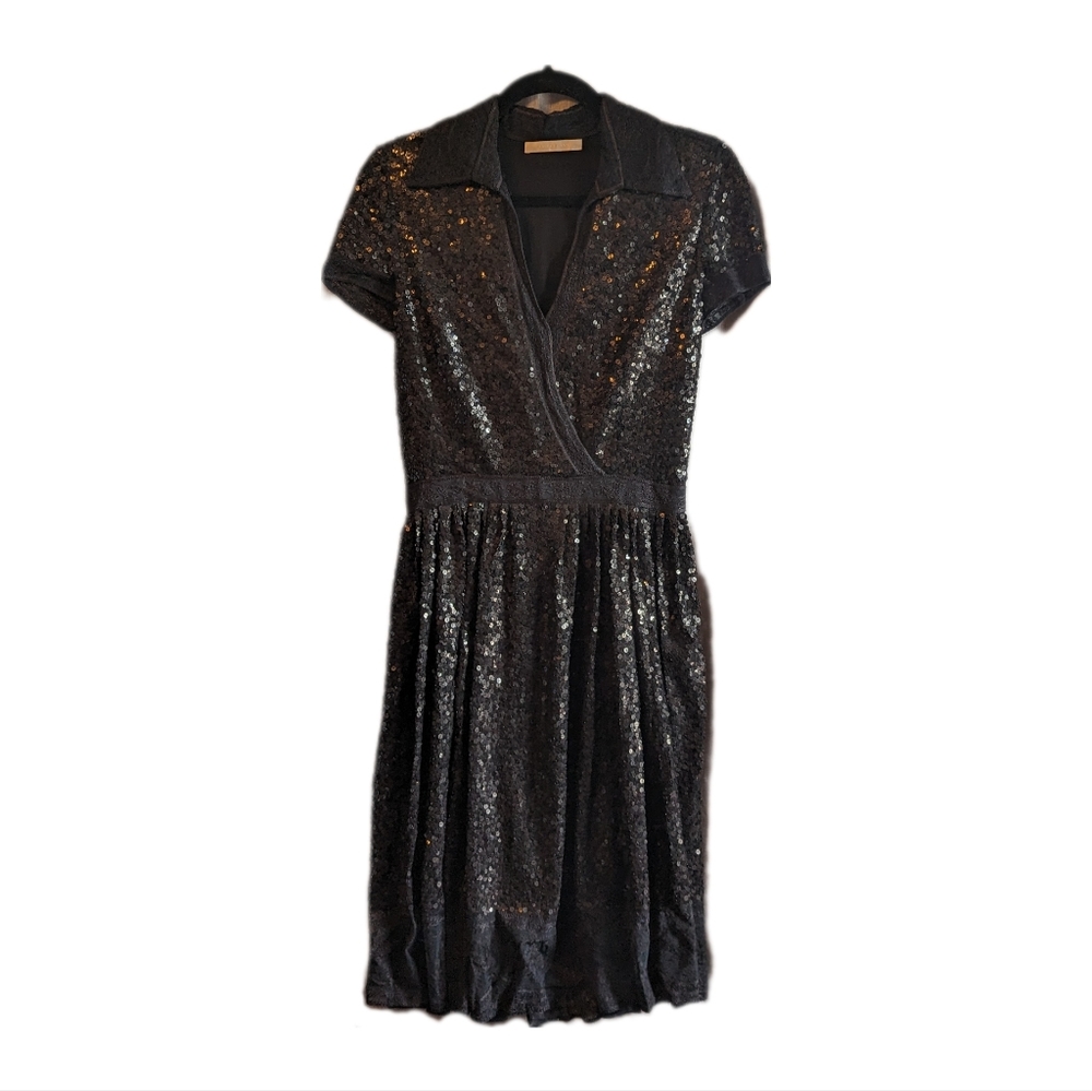 Naeem Khan Couture Black Collared Sequin Lace Midi Dress